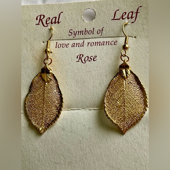 New! 2.62g 18kt Gold Rose Leaf Leaves Drop Earrings